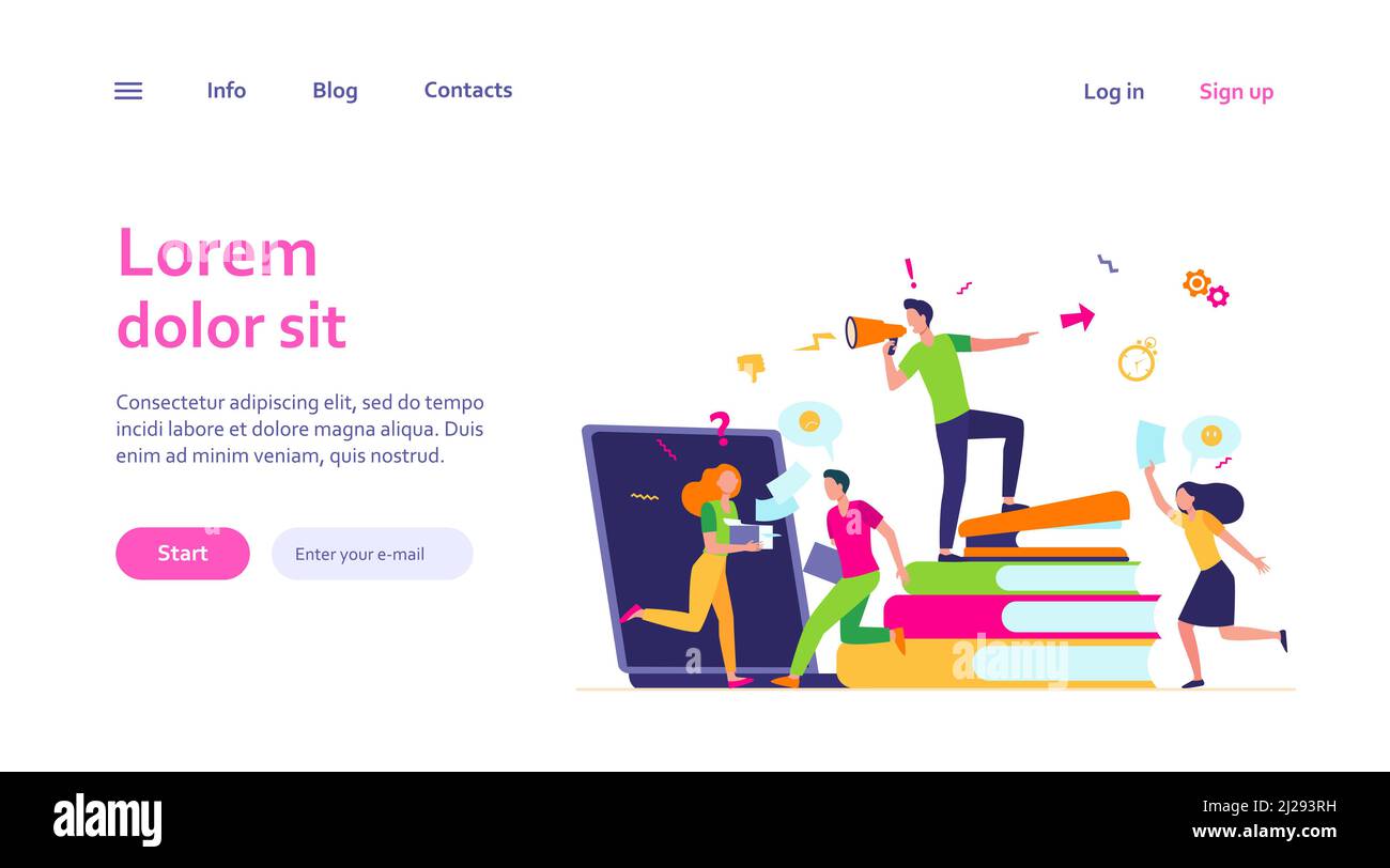 Vektorgrafik „Bürochaos“. Wütender Chef, der das Megaphon anruft, beschäftigte Mitarbeiter, die in Eile sind und in Panik geraten. Kann bei Zeitmangel, Terminabgabeterminen, Stock Vektor