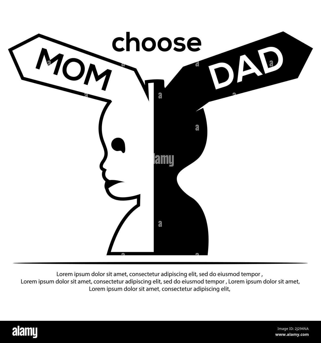 Vater vs Mutter Wahl Dilemma Konzept. Illustration des Dilemmas eines Kindes, das sich entscheiden muss, nach seinen Eltern mit seiner Mutter oder seinem Vater zu gehen Stock Vektor