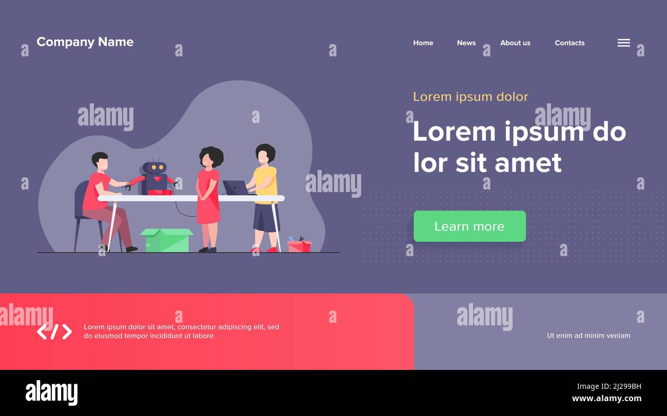 Kinder, die Cyborg im Robotikunterricht vorführen. Kinder zeigen Roboter Lehrer. Vektor-Illustration für Bildung, Robotertechnik, Schulprojekt Stock Vektor