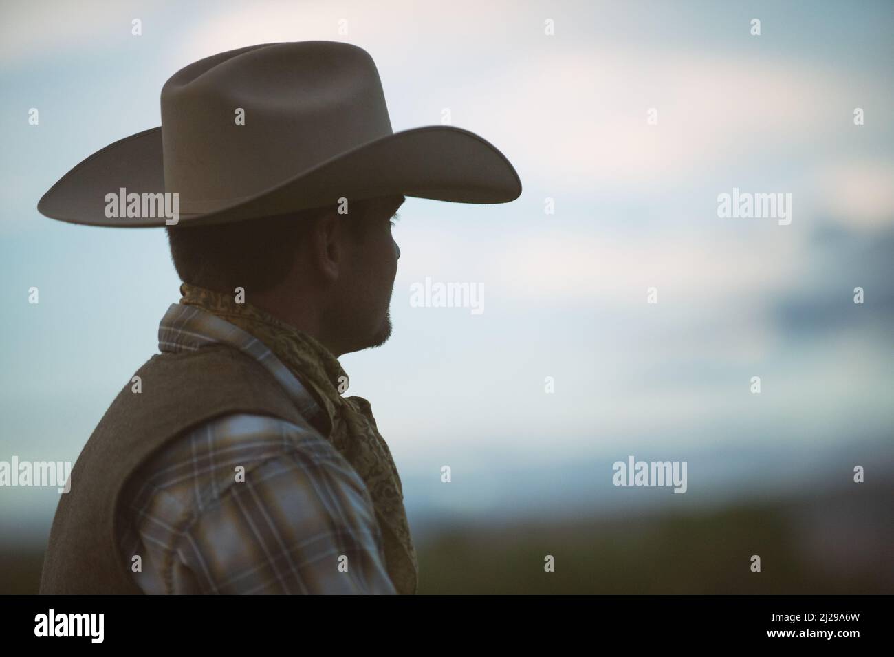 Ein hübscher Cowboy mit einem starken Profil, der eine Mütze im Stetson-Stil trägt, blickt in die Ferne. Cowboy-Profil. Marlboro Man. Cowboy von Wyoming. USA Stockfoto