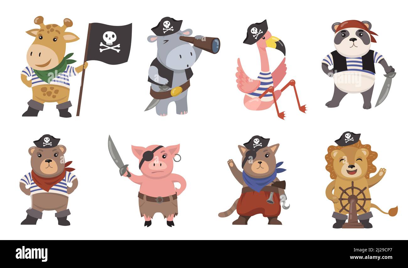 Niedliche kleine Tier Piraten flache Illustration Set. Cartoon Matrosen als lustige Löwe, Flamingo, Schwein, Katze, Giraffe, Panda isoliert Vektor-Illustration colle Stock Vektor