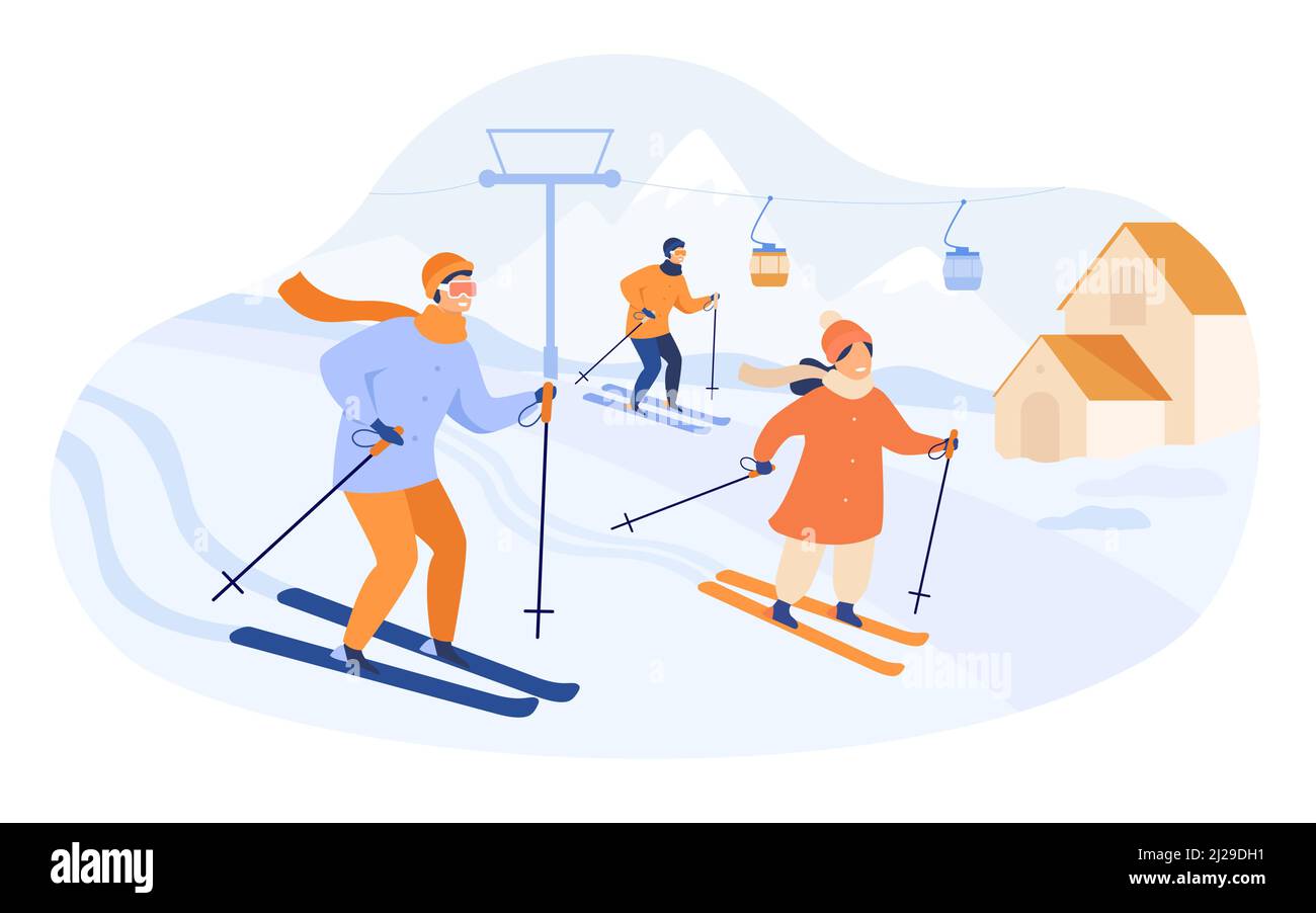 Glückliche Familie Skifahren in den Bergen. Menschen verbringen Winterurlaub im Skigebiet mit Aufzug und Hütten. Vektorgrafik für Aktivität, lifestyl Stock Vektor