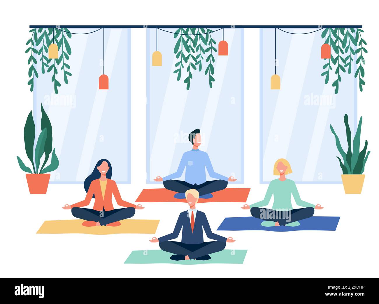 Glückliche Büroangestellte, die Yoga machen, in Lotuspose auf Matten sitzen und meditieren. Mitarbeiter trainieren in der Pause. Für Achtsamkeit, Stressabbau, Leben Stock Vektor