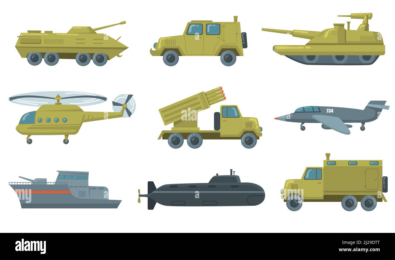 Militärischer Transportsatz. Luftwaffe Jet, U-Boot, Hubschrauber, LKW, Panzertank isoliert auf weißem Hintergrund. Vektorgrafiken für Armeefahrzeuge, Stock Vektor