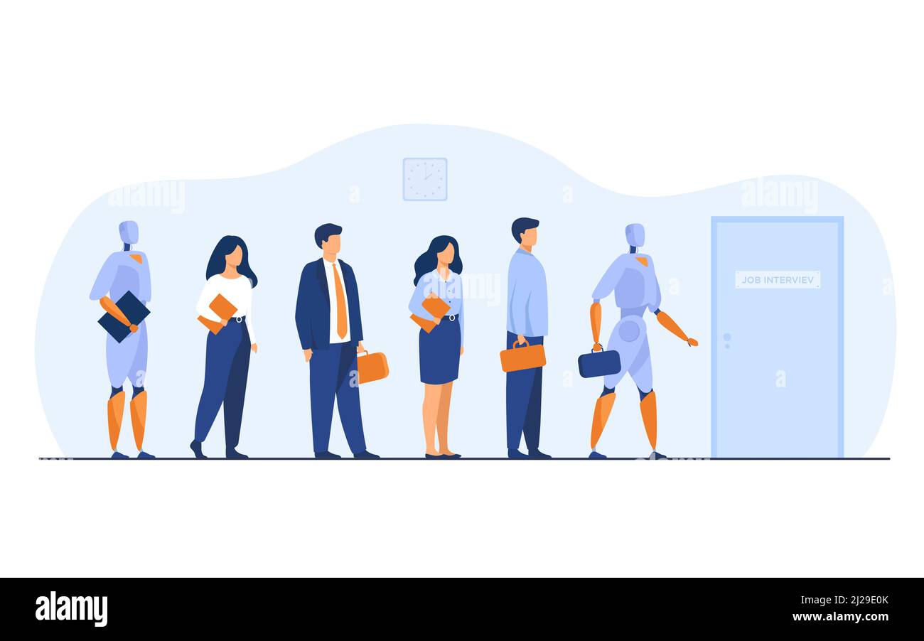 Roboter und menschliche Kandidaten warten in der Schlange für Vorstellungsgespräch. Geschäftsleute und Geschäftsfrauen im Wettbewerb mit Maschinen für die Einstellung. Vektorgrafik f Stock Vektor