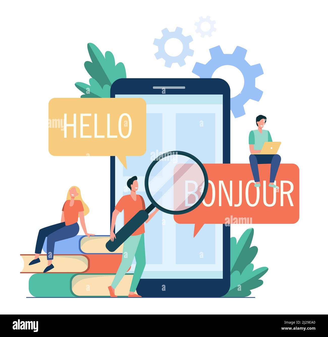 App wird auf dem Mobiltelefon übersetzt. Personen, die Online-Übersetzungsdienst verwenden und aus dem Englischen ins Französische übersetzen. Vektor-Illustration für Fremdsprache Stock Vektor