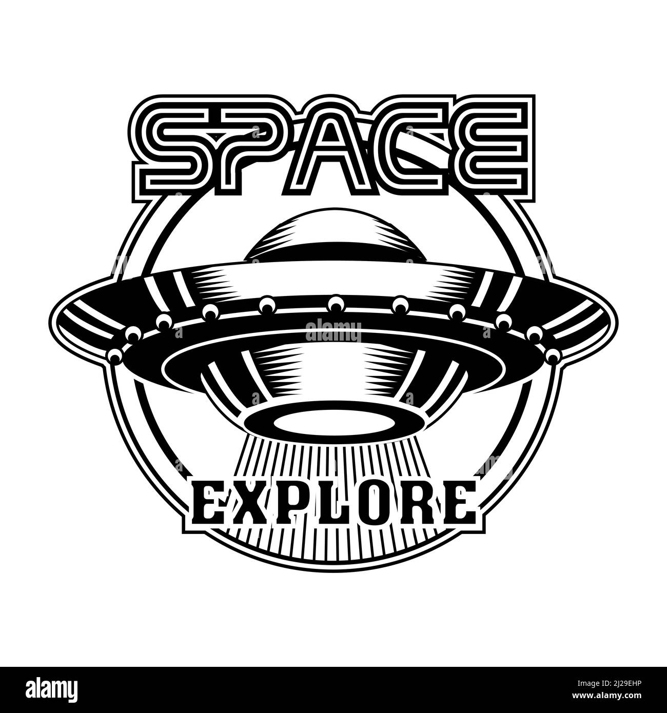 Retro Abzeichen mit UFO Vektor Illustration. Monochromes außerirdisches Raumschiff für Aliens. Wissenschaft und Weltraumforschung Konzept kann für retr verwendet werden Stock Vektor