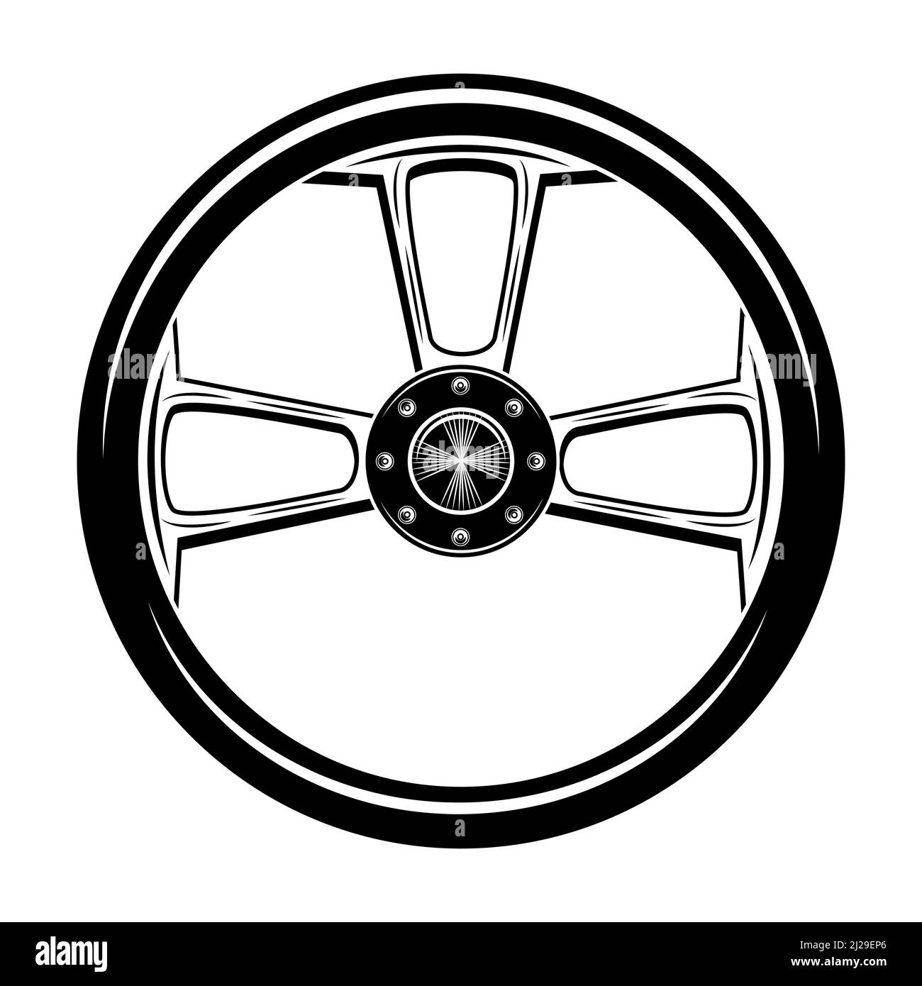 Retro Motorrad Rad Vektor Illustration. Oldtimer Motorrad Teil. Reparaturkonzept für mechanisches Servicestation Emblem oder Garagenetikett-Schablonen Stock Vektor