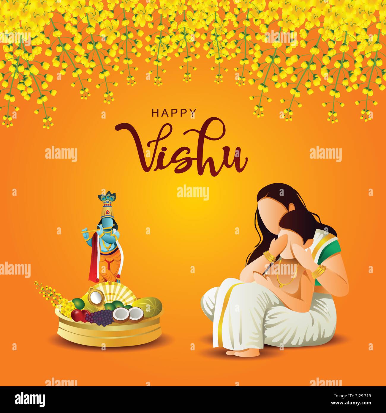 Frohe Vishu Grüße. April 14 Kerala Festival mit Vishu Kani, vishu Blume Obst und Gemüse in einem Bronzegefäß. vektor-Illustration Design Stock Vektor