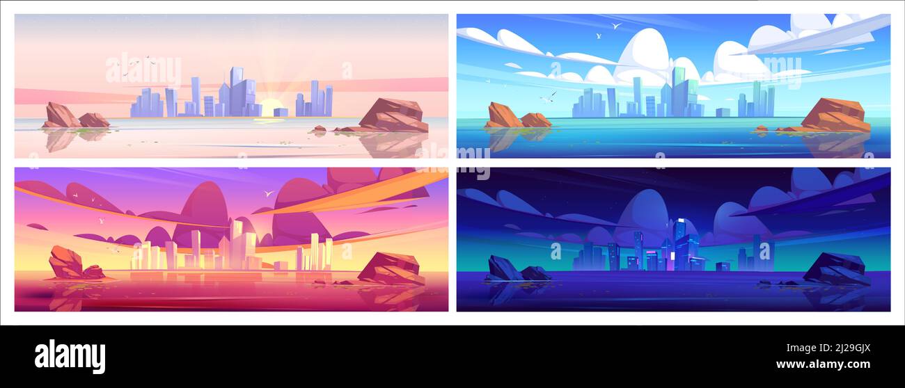 Skyline der Stadt in der Nähe der Küste zu verschiedenen Zeiten. Moderne Architektur in Megapolis, Wolkenkratzer bei Tag, Sonnenuntergang, Sonnenaufgang und Nacht. Cartoon Hintergrund für Spiel oder Postkarte Vektor Illustration, Set Stock Vektor