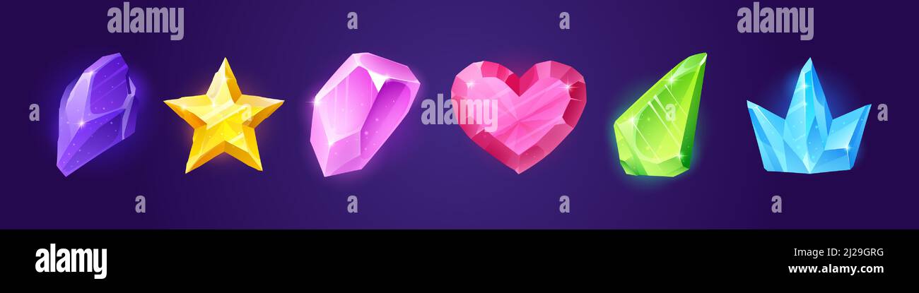Edelsteine, Kristallsteine in Form von Herz, Stern, Dreieck und Krone. Vektor-Cartoon-Set von glänzenden Farbe Edelsteine, Topas, Amethyst, Quarz. Spiel-Symbole der magischen Mineralkristalle Stock Vektor