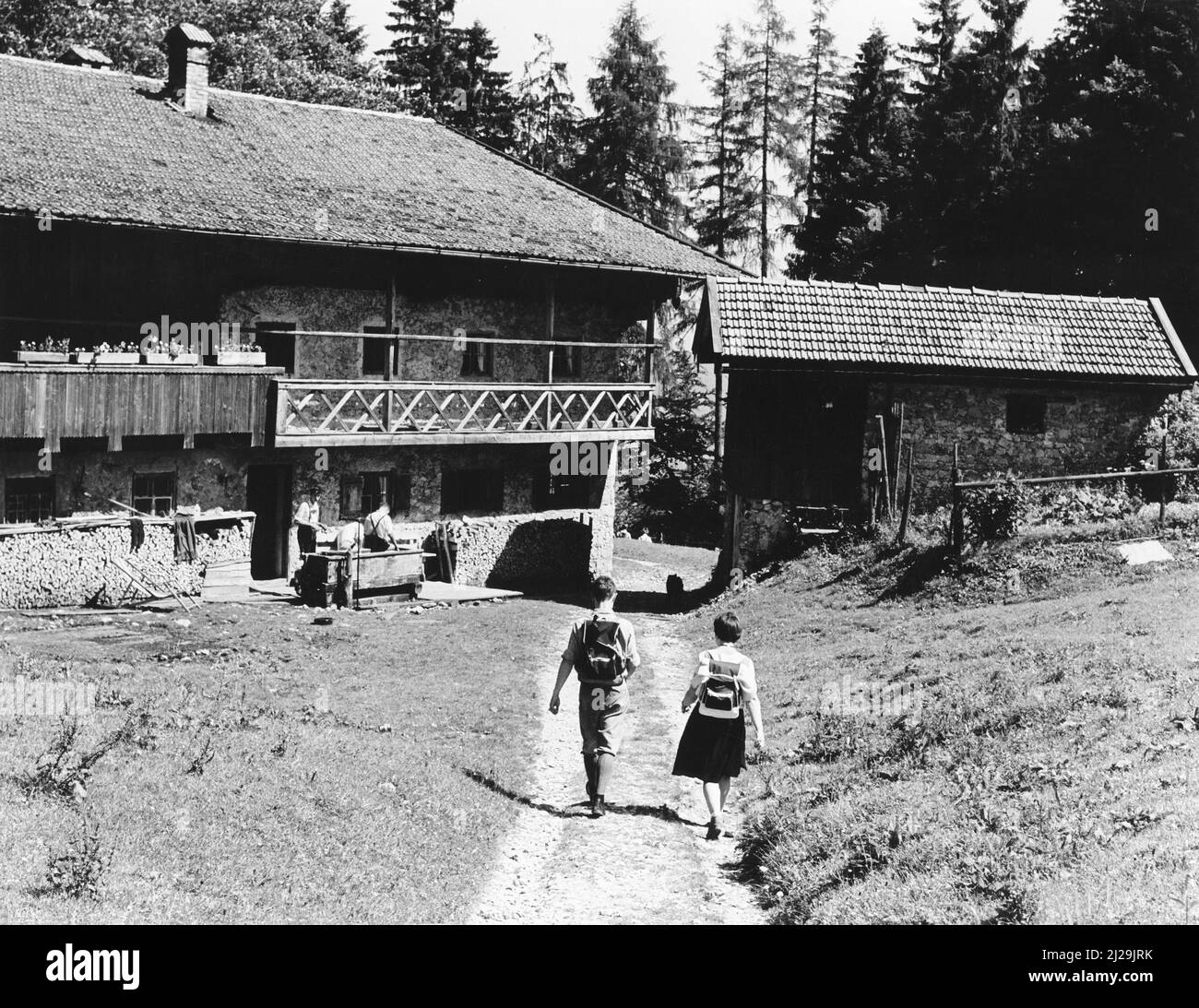 Bergwandderer beim Farmer am Berg unterm Petersberg, Flintsbach, bayer. Inntal, historische Fotografie von 1963, Oberbayern, Bayern, Deutschland Stockfoto