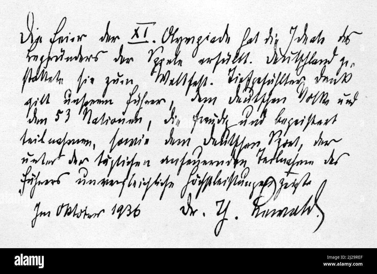 Grußbotschaft von Dr. Theodor Lewald, Präsident des Organisationskomitees der XI. Olympiade, handschriftlich, Fax Stockfoto