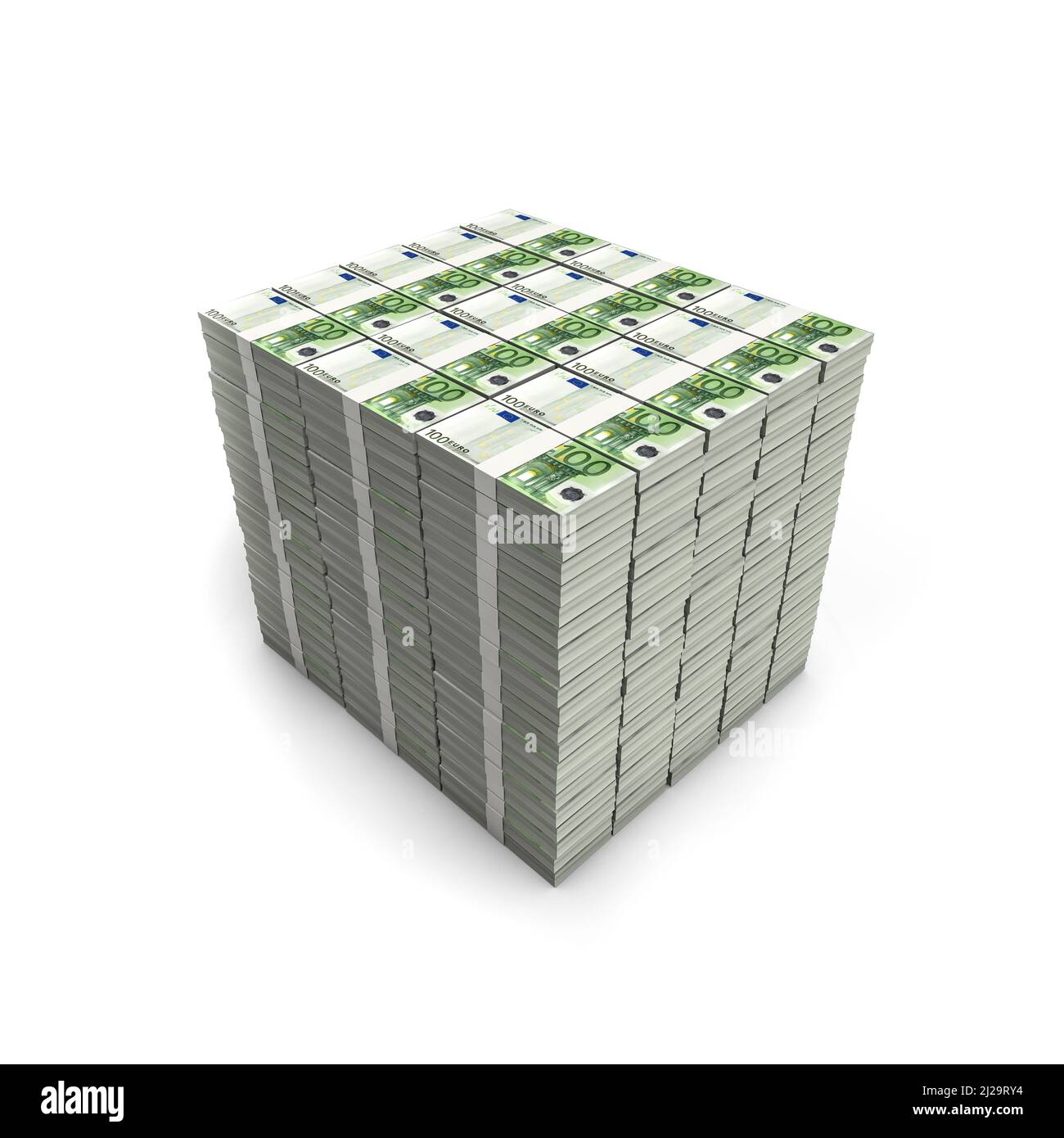 Millionen von Euro - 3D Darstellung von Stapeln von hundert Euro-Banknoten isoliert auf weißem Hintergrund Stockfoto