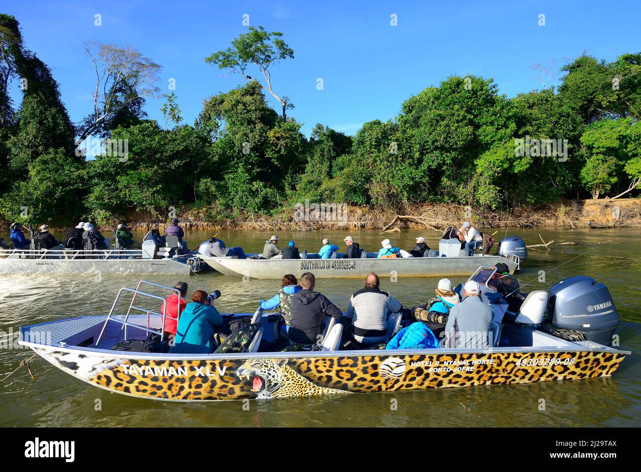 Touristen in Motorbooten beobachten Wildtiere, Pantanal, Mato Grosso, Brasilien Stockfoto