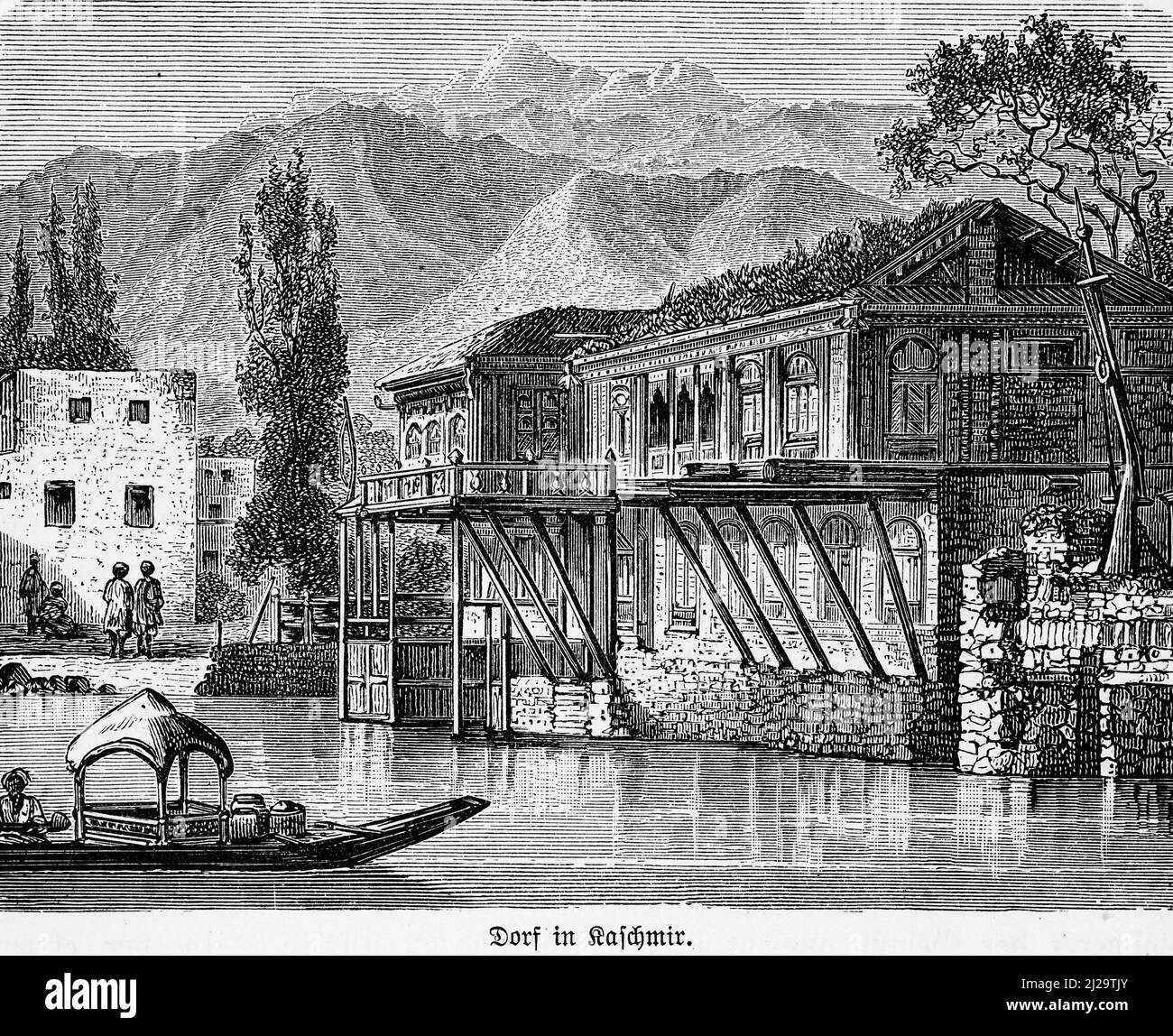 Kaschmir, Blick auf das Dorf, Pfahlbebauung, Fluss, Boot, Gebäude, edel, Balkon, Holzbalken, Baum, Menschen, Himalaya, historische Illustration 1885, 19. Stockfoto