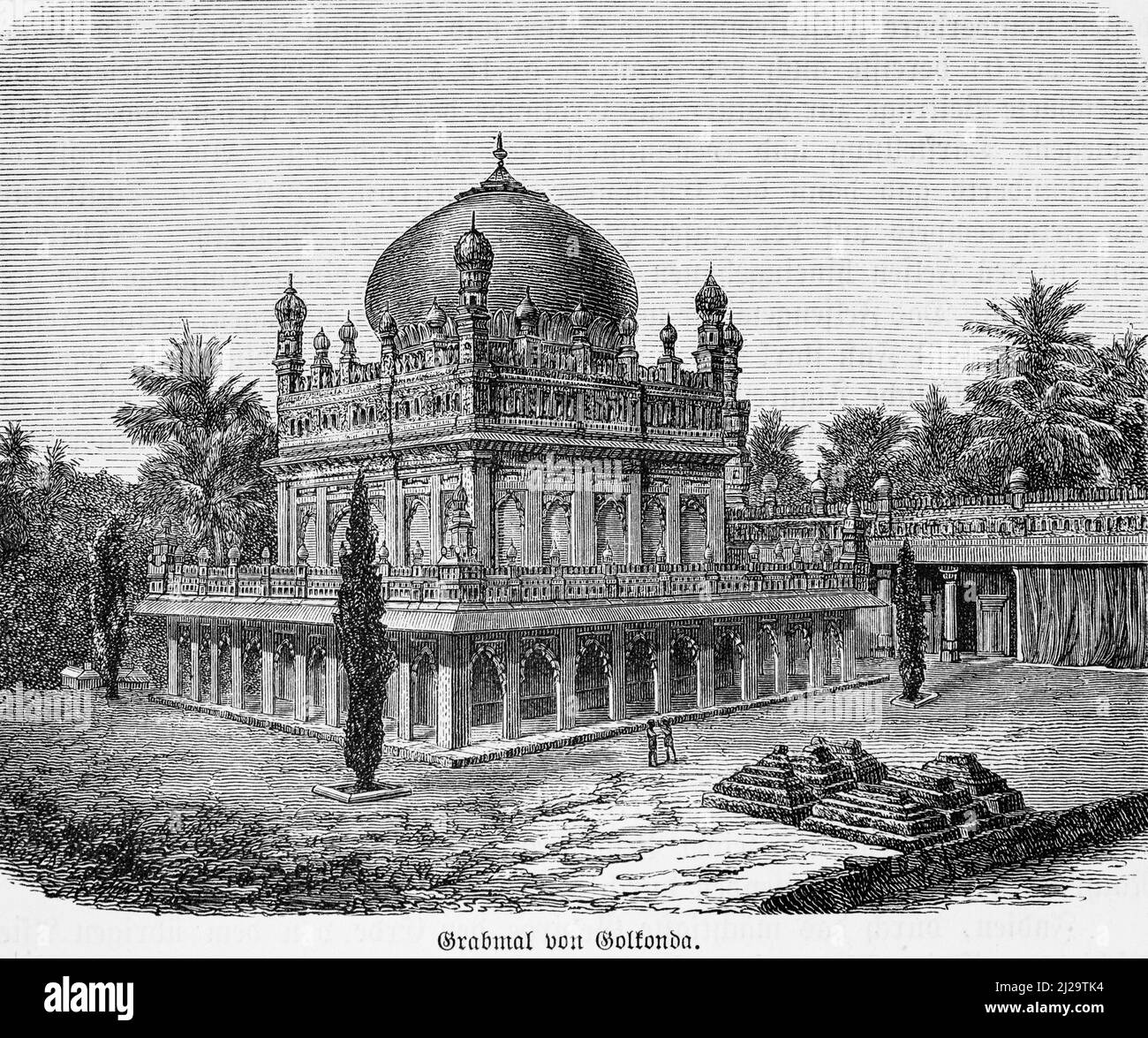 Golkonda, Grab, König, Sultan, Pracht, Kuppel, Architektur, Park, 17. Jahrhundert, historische Illustration 1885, Indien Stockfoto