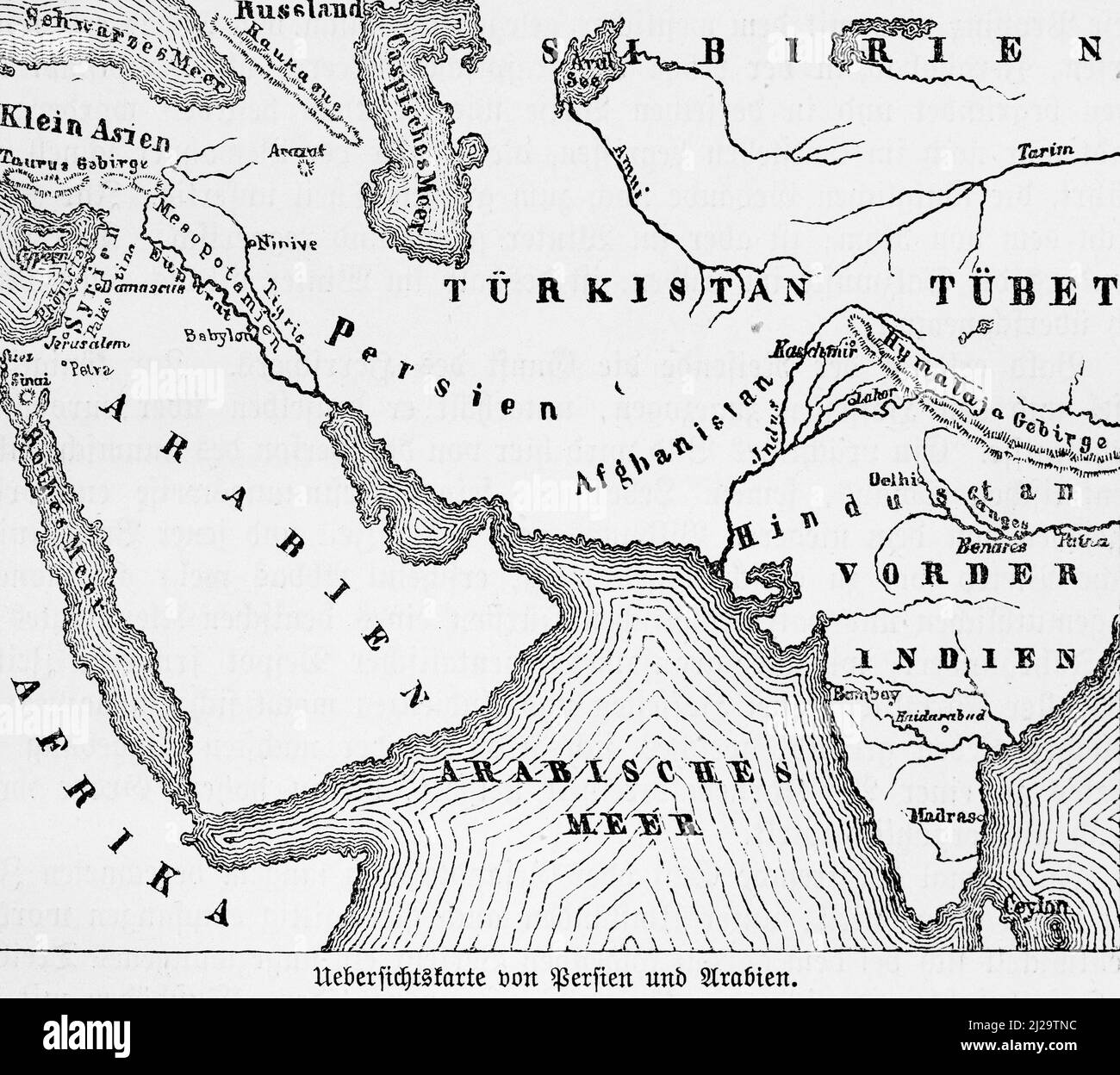 Karte, Persien, Arabien, Indien, Turkestan, Historische Illustration 1885, 19. Jahrhundert, Zentralasien Stockfoto