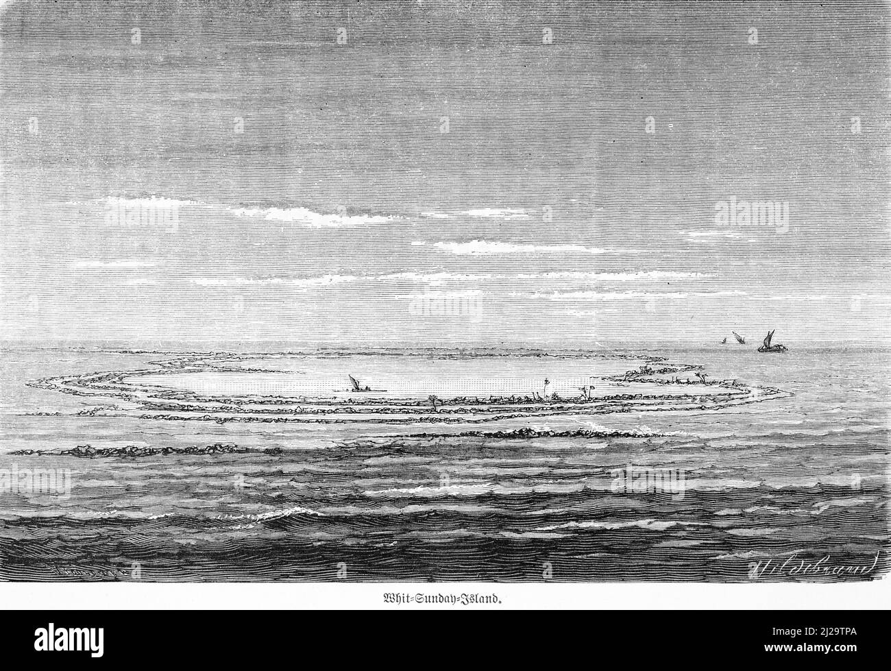Whit Sunday Island, whitsunday Island, Segelschiff, Horizont, Wellen, Korallenriff, Thomas Cook, Entdecker, Reise, historische Illustration 1885 Stockfoto