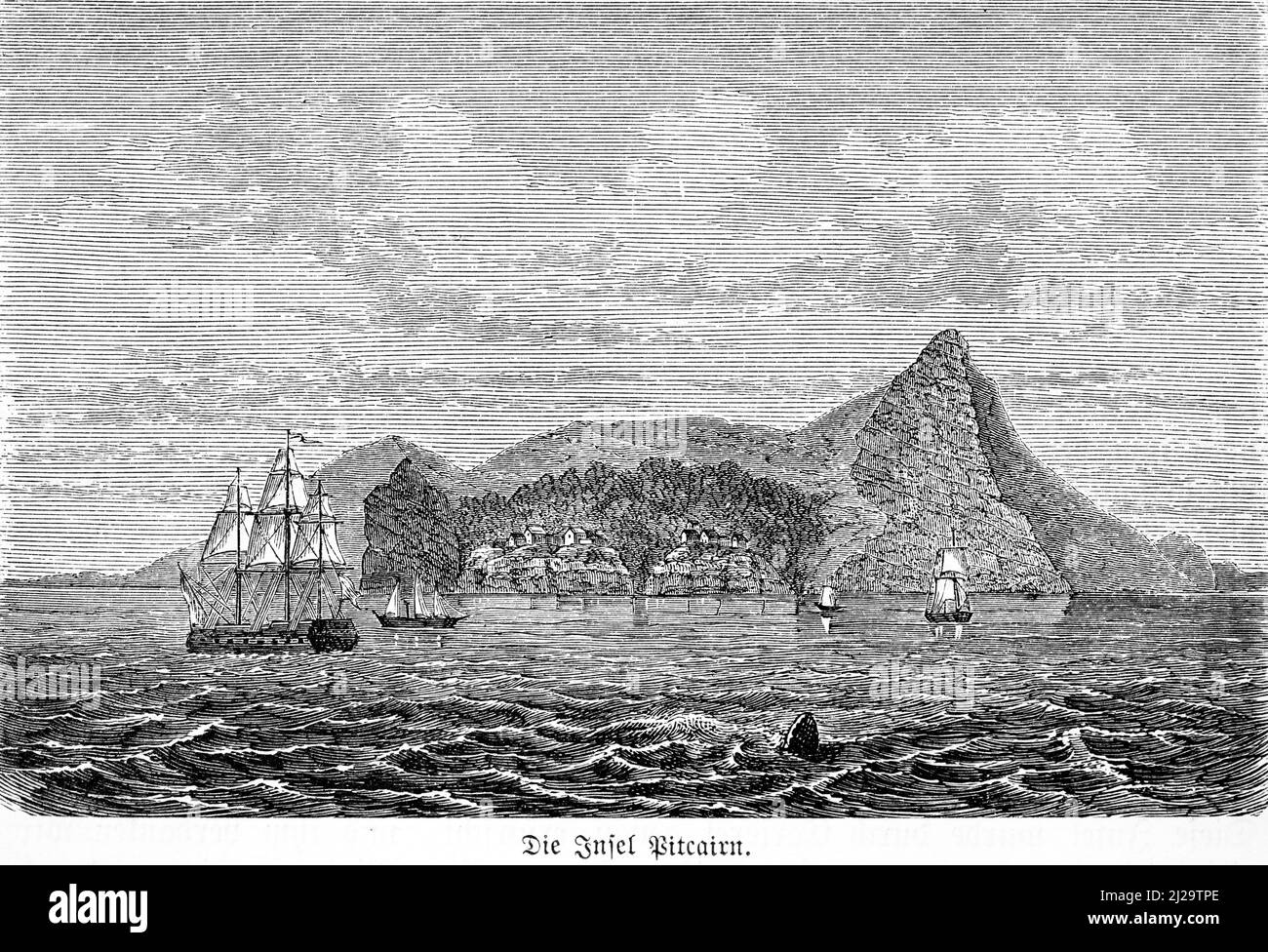 Pitcairn Island, Südpazifik, Britisches Überseegebiet, Berge, Dorf, Segelschiffe, Vulkanismus, Thomas Cook, Entdecker, Reisen, Historisch Stockfoto
