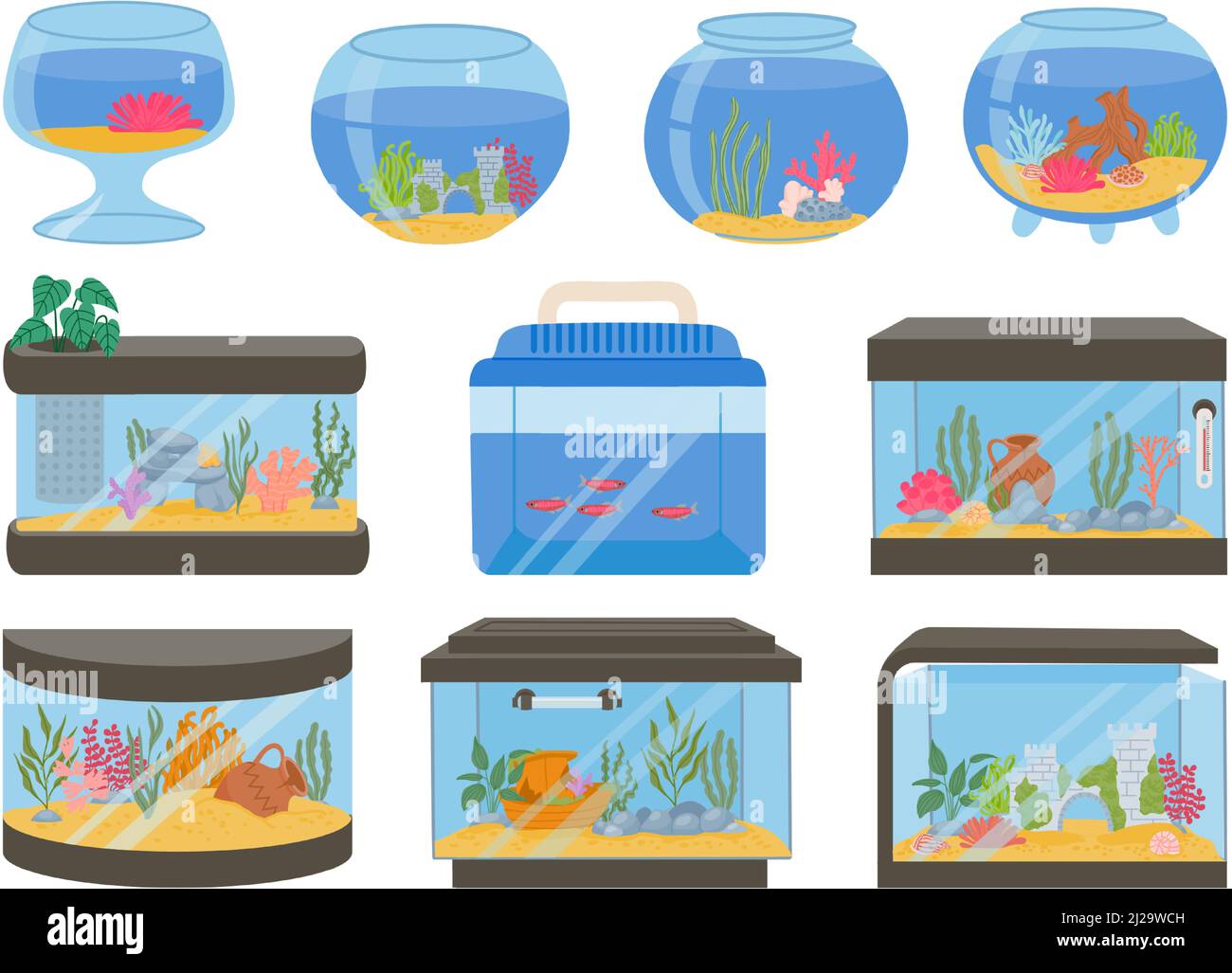 Cartoon leere Glas Aquariumbecken mit Dekorationen, Sand und Pflanzen. Quadratische und Kugel Fischschalen und Behälter. Home Aquarien Vektor-Set Stock Vektor