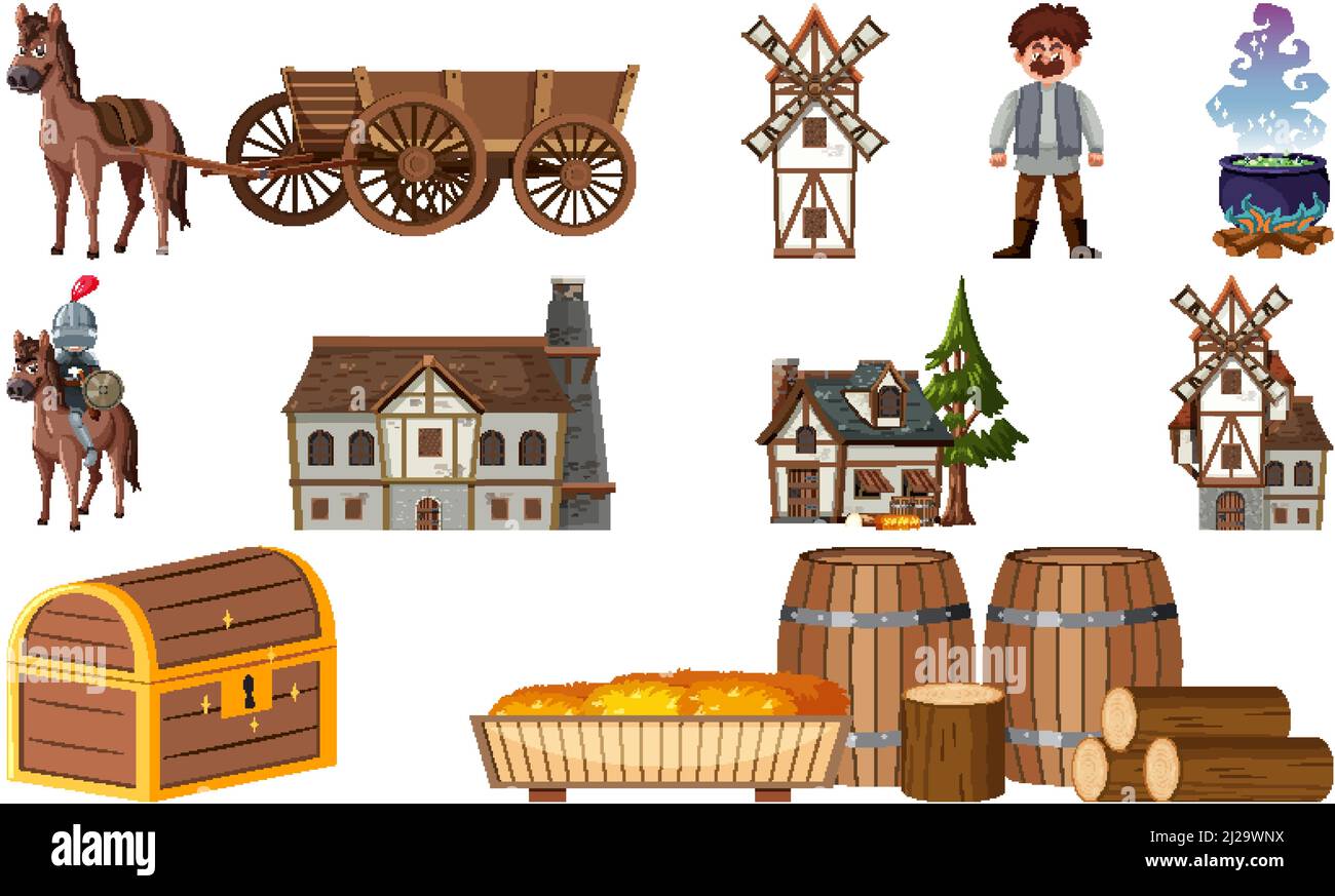 Mittelalterliche Figuren Gebäude Set Illustration Stock Vektor