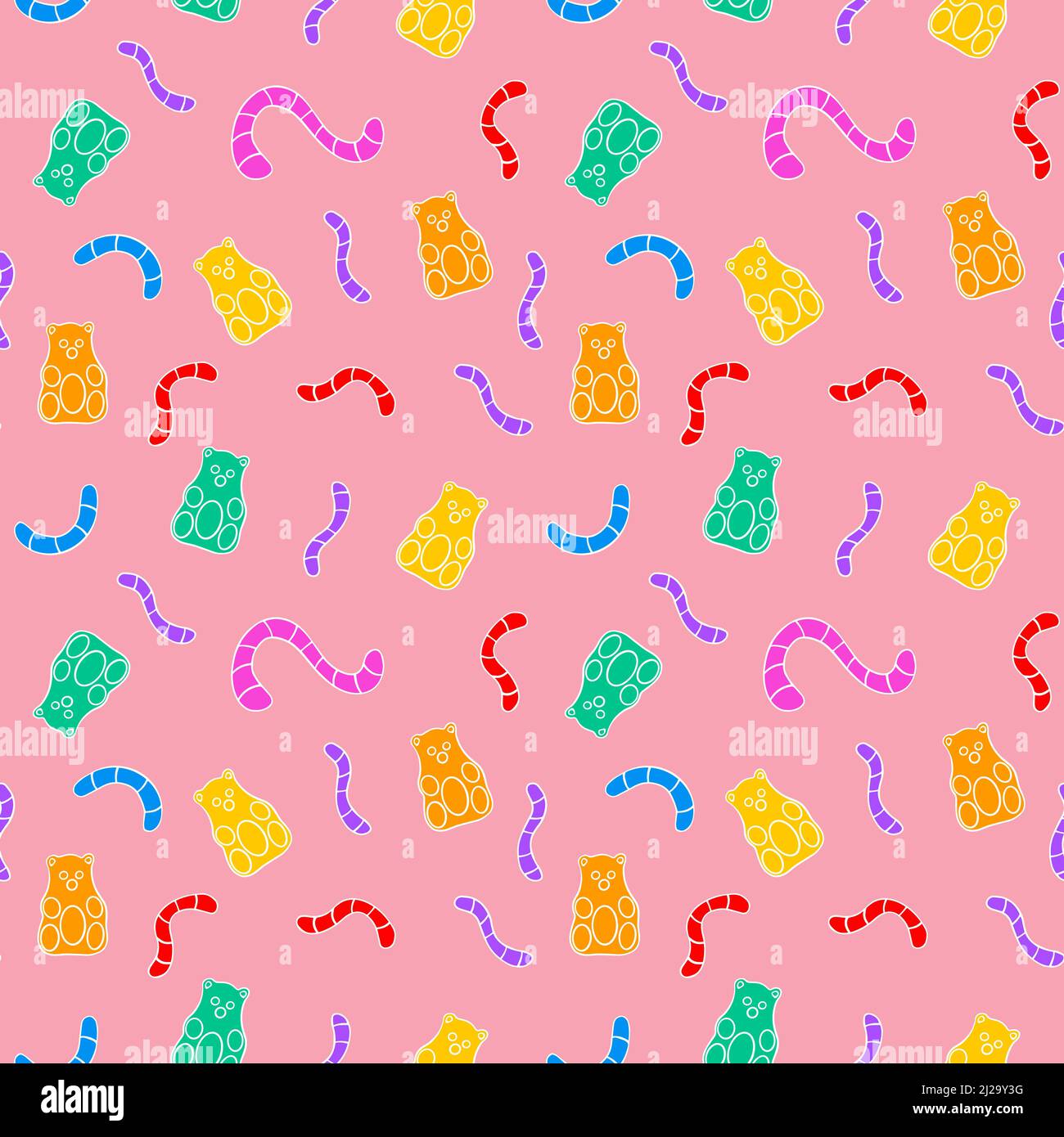 Nahtloses Muster mit handgezeichneten Gelee-Würmern und Bären. Vektorgrafik. Stock Vektor