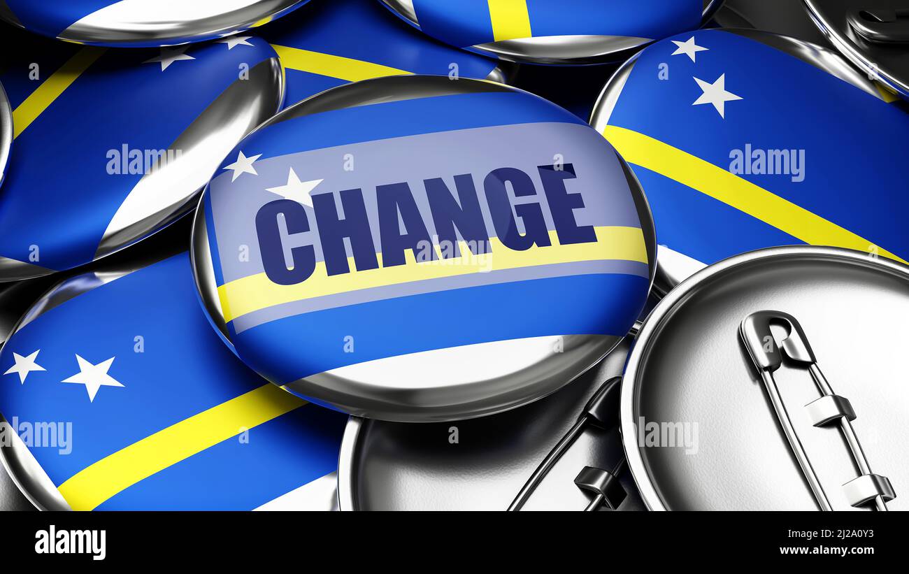 Change in Curacao - Nationalflagge von Curacao auf dutzenden von Pinback-Knöpfen, die den bevorstehenden Wandel in diesem Land symbolisieren. , 3D Abbildung Stockfoto
