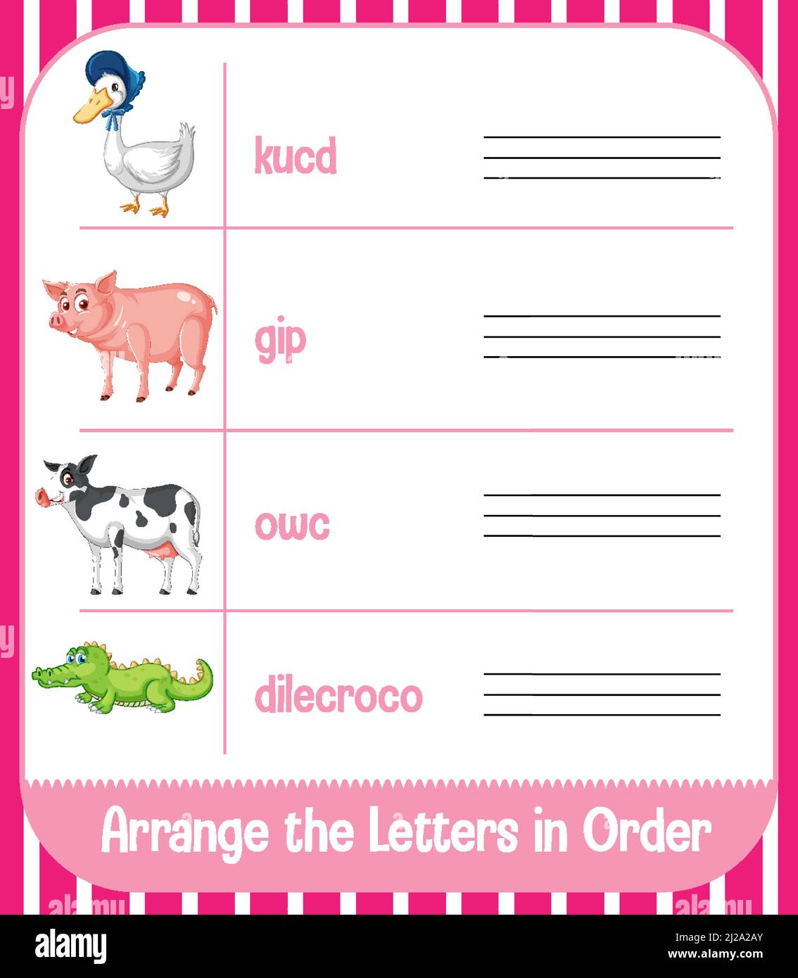 Entwurf eines Arbeitsblatts für die Anordnung der Buchstaben Stock Vektor