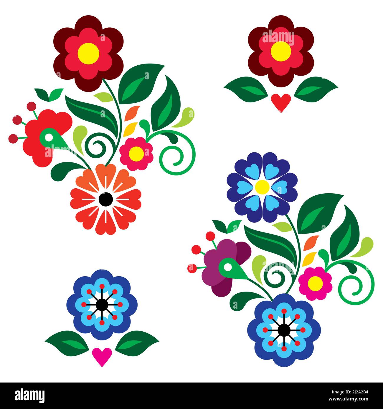 Mexikanischer Folk Art Stil Vektor-Muster mit Blumen Blätter und Herz, Grußkarte auf Einladung Design-Elemente inspiriert von traditionellen Sticken gesetzt Stock Vektor