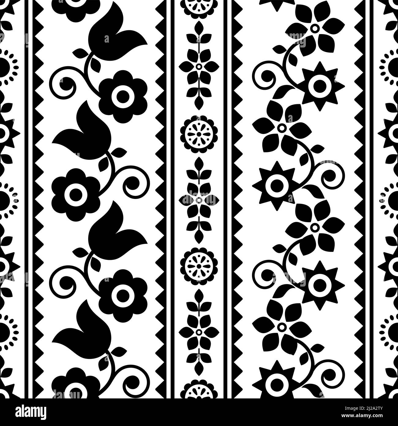 Polnische traditionelle Volkskunst Vektor nahtlose Textil- oder Stoffdruck Muster in schwarz und weiß, florale Stickerei Lachy Sadeckie Stock Vektor