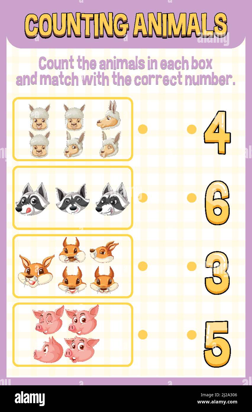 Spiel nach Anzahl mit verschiedenen Arten von Tieren Illustration Stock Vektor