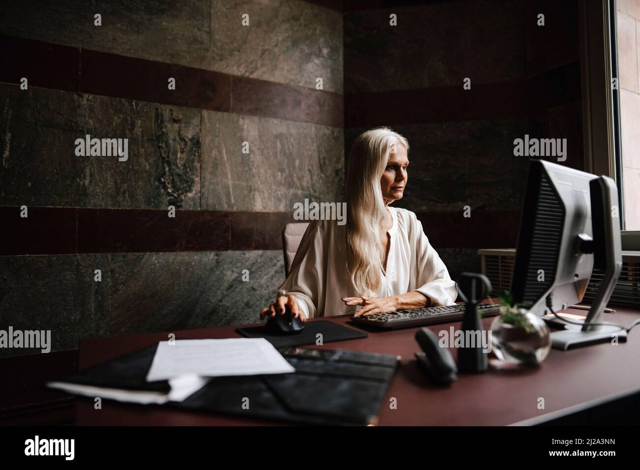 Selbstbewusste, reife Geschäftsfrau mit langen weißen Haaren, die am Schreibtisch im Büro den Computer benutzt Stockfoto