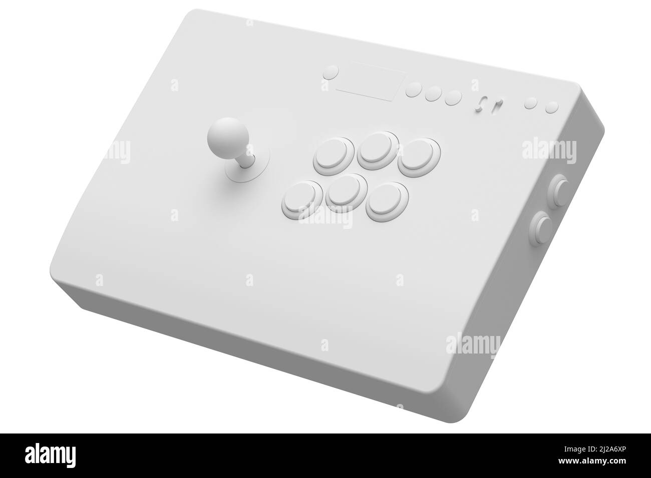 Vintage Arcade-Stick mit Joystick und Turnier-Tasten isoliert auf weißem monochromen Hintergrund. 3D Rendering von Gaming-Maschine und Gamer Workspa Stockfoto