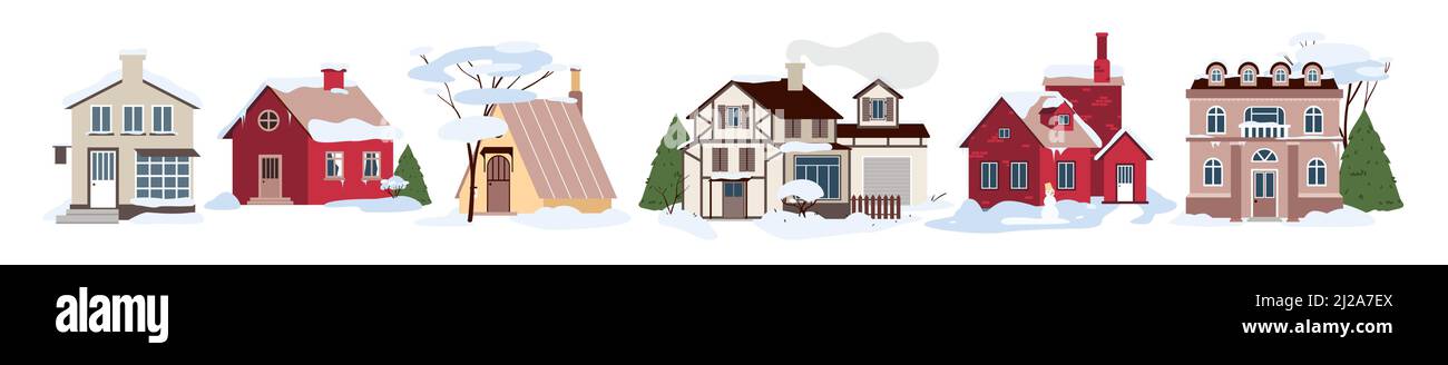 Dorf moderne Häuser im Winter kaltes Wetter und Schnee Set Vektor-Illustration. Cartoon-Familienhäuser in Schneeverwehungen, Gebäuden und Hütten mit Bäumen Stock Vektor