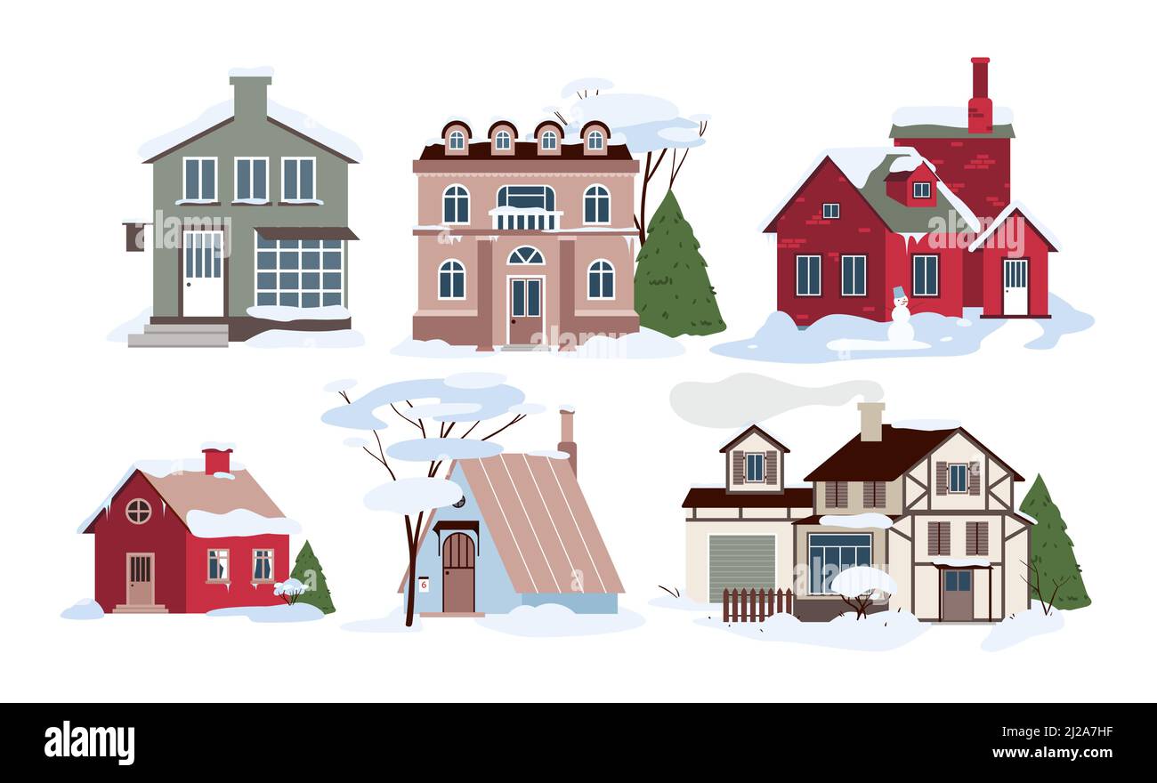 Cartoon-Familienhäuser in Schneeverwehungen, Gebäude und Hütten mit Bäumen im Garten, Fenster, Dächer und Türen im Hintergrund. Dorf Moderne Häuser im Winter Stock Vektor