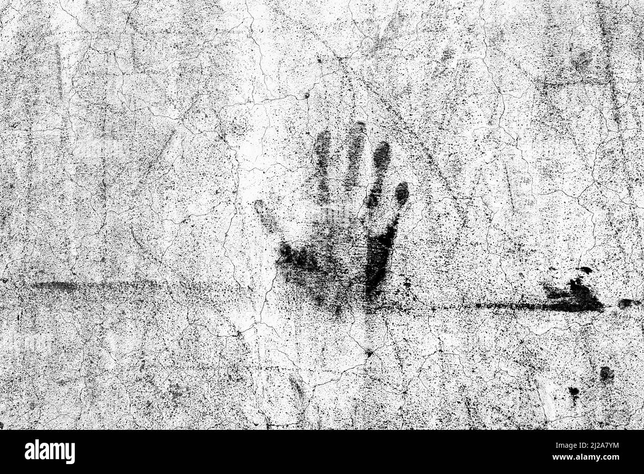 Grunge strukturierte schwarze und weiße Zementputz-Wandoberfläche mit einem Handprint Stockfoto