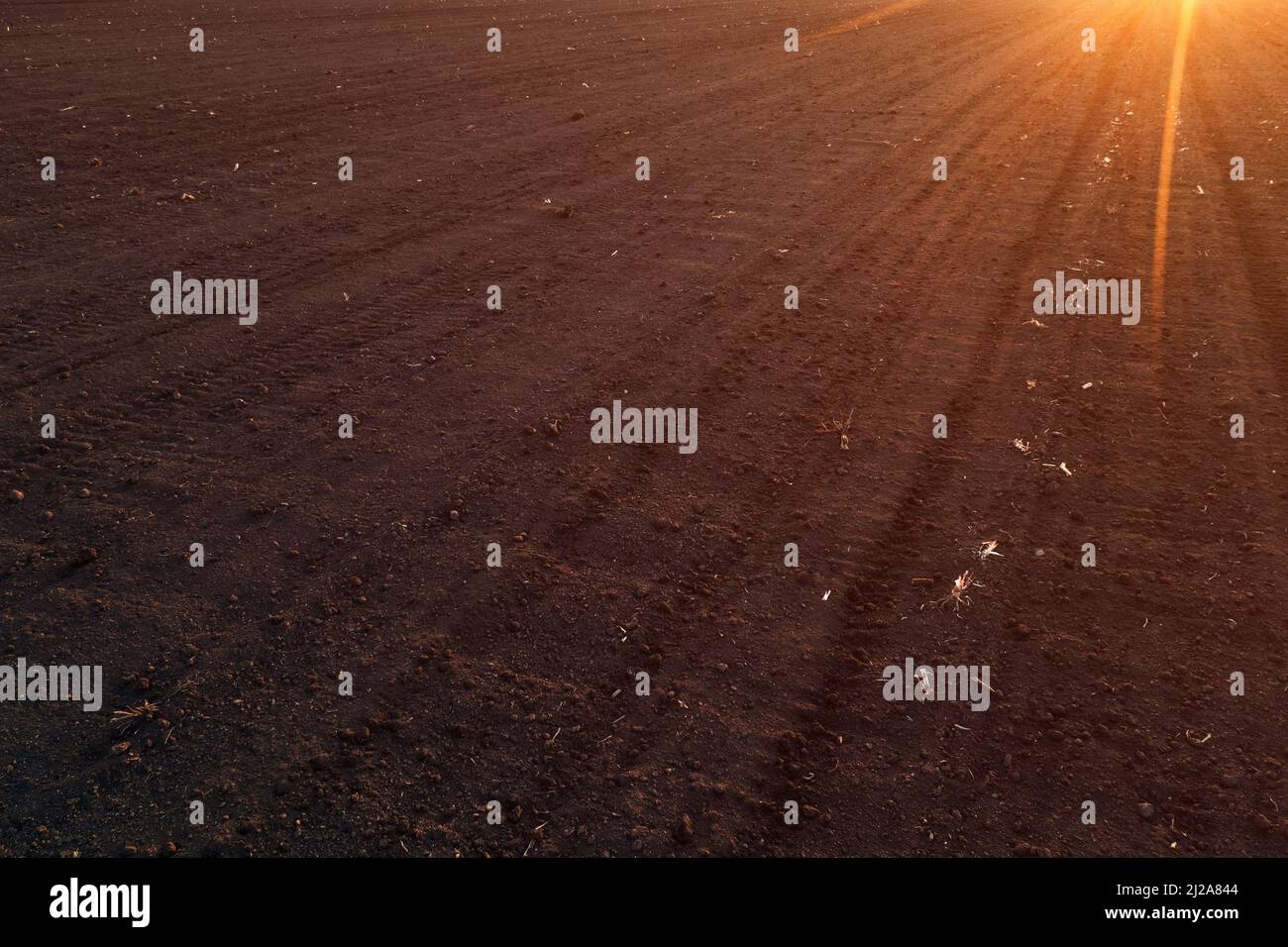 Luftaufnahme des gebepflügten Feldes im Sonnenuntergang von Drohne pov Stockfoto