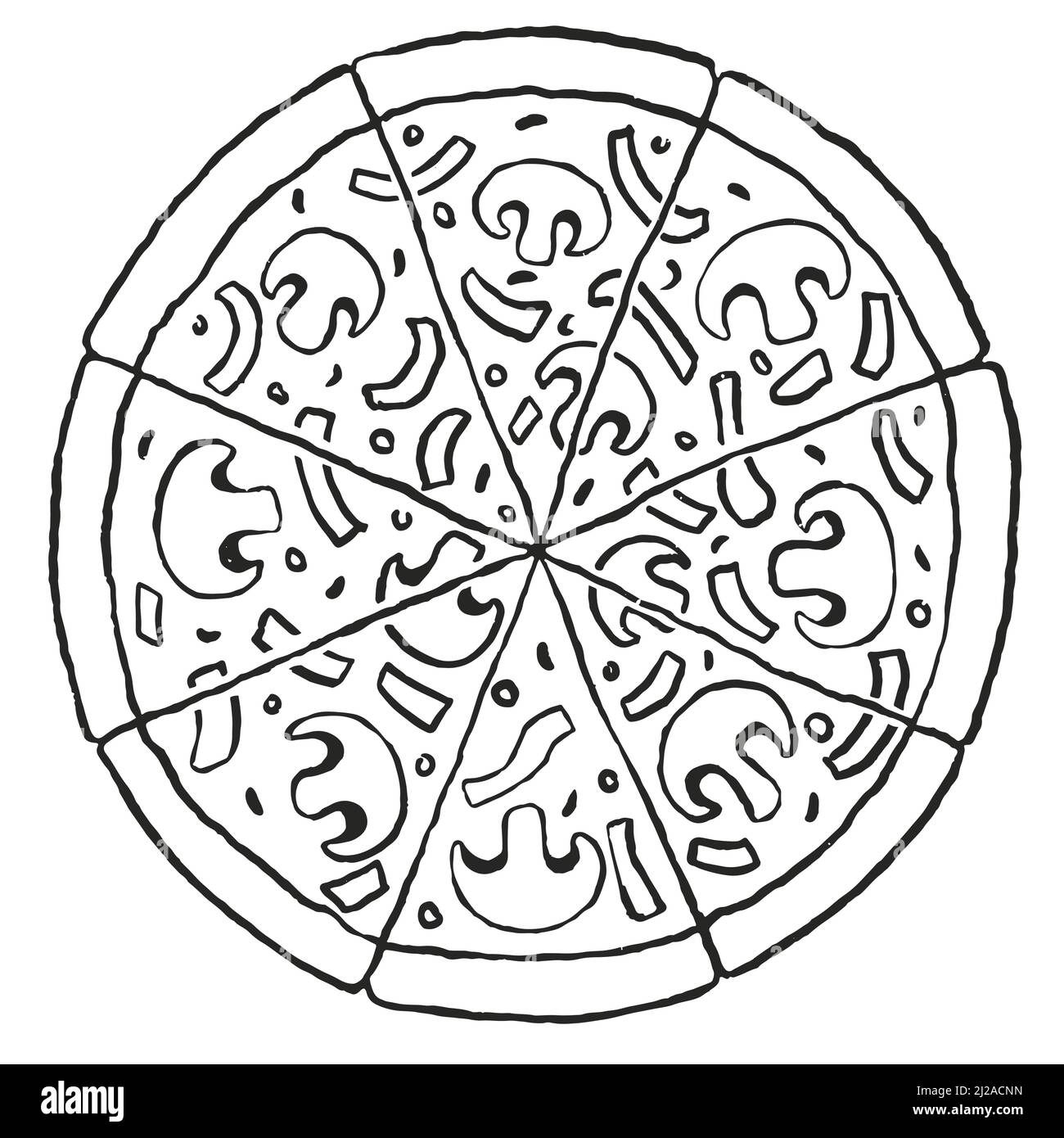 Vegetarische Pizza mit Pilzen handgezeichnete Skizze. Schwarz-weiße Vektorgrafik im Doodle-Stil Stock Vektor