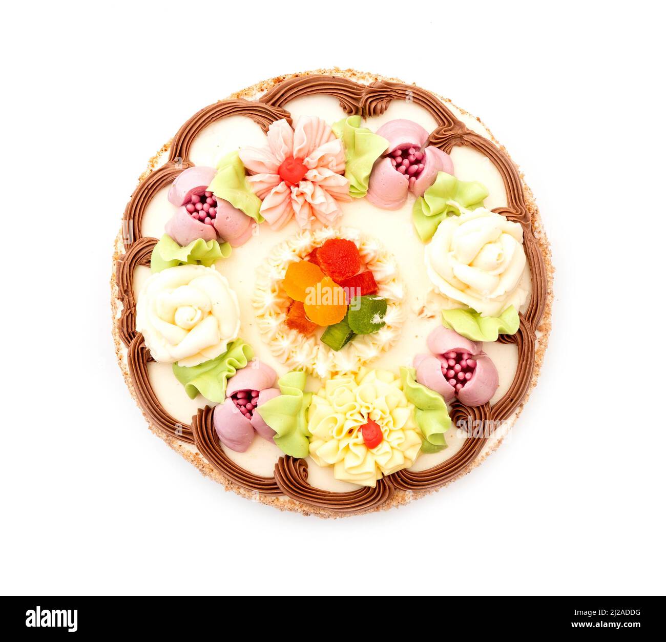 Runde Torte mit Creme isoliert auf weiß, Draufsicht Stockfoto