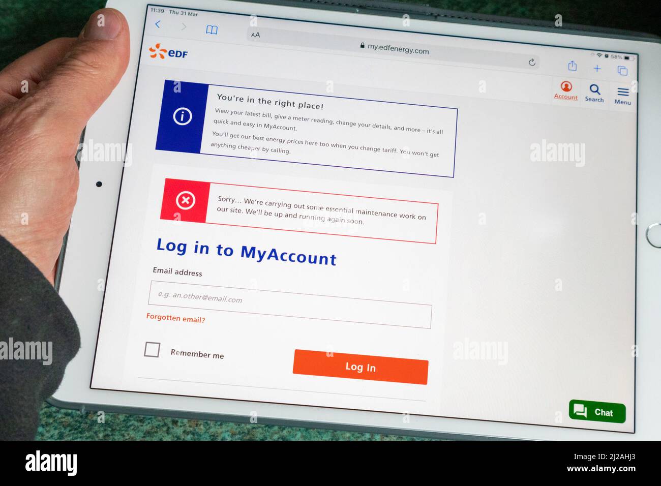 Ashford, Kent, Großbritannien. 31. März 2022. Da viele Menschen ermutigt werden, einen Online-Stromzähler einzureichen, ist die EDF-Website derzeit wegen Wartungsarbeiten nicht verfügbar. Foto: Paul Lawrenson/Alamy Live News Stockfoto