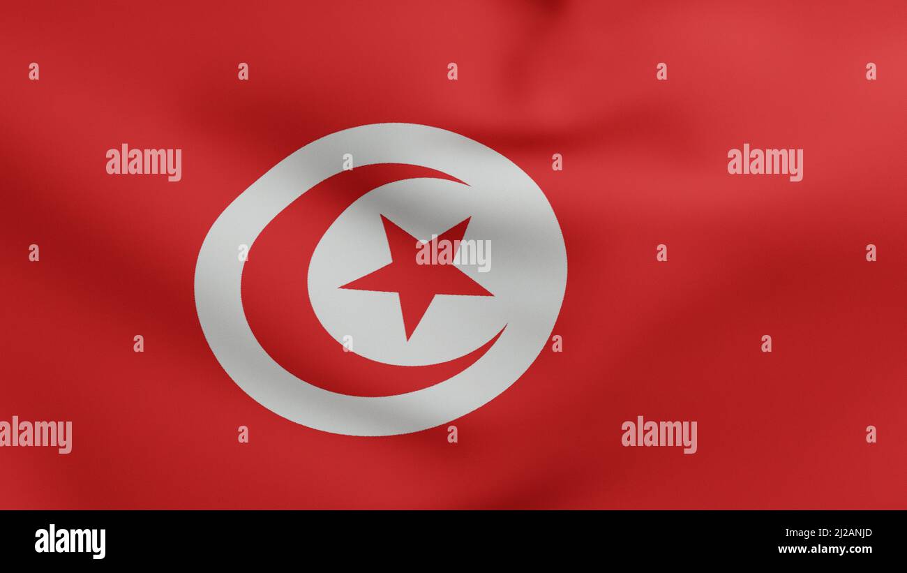 Nationalflagge Tunesiens winkt 3D Render, Republik Tunesien Flaggenstoff entworfen von Al Husain II ibn Mahmud, Wappen Tunesiens Unabhängigkeitstag Stockfoto