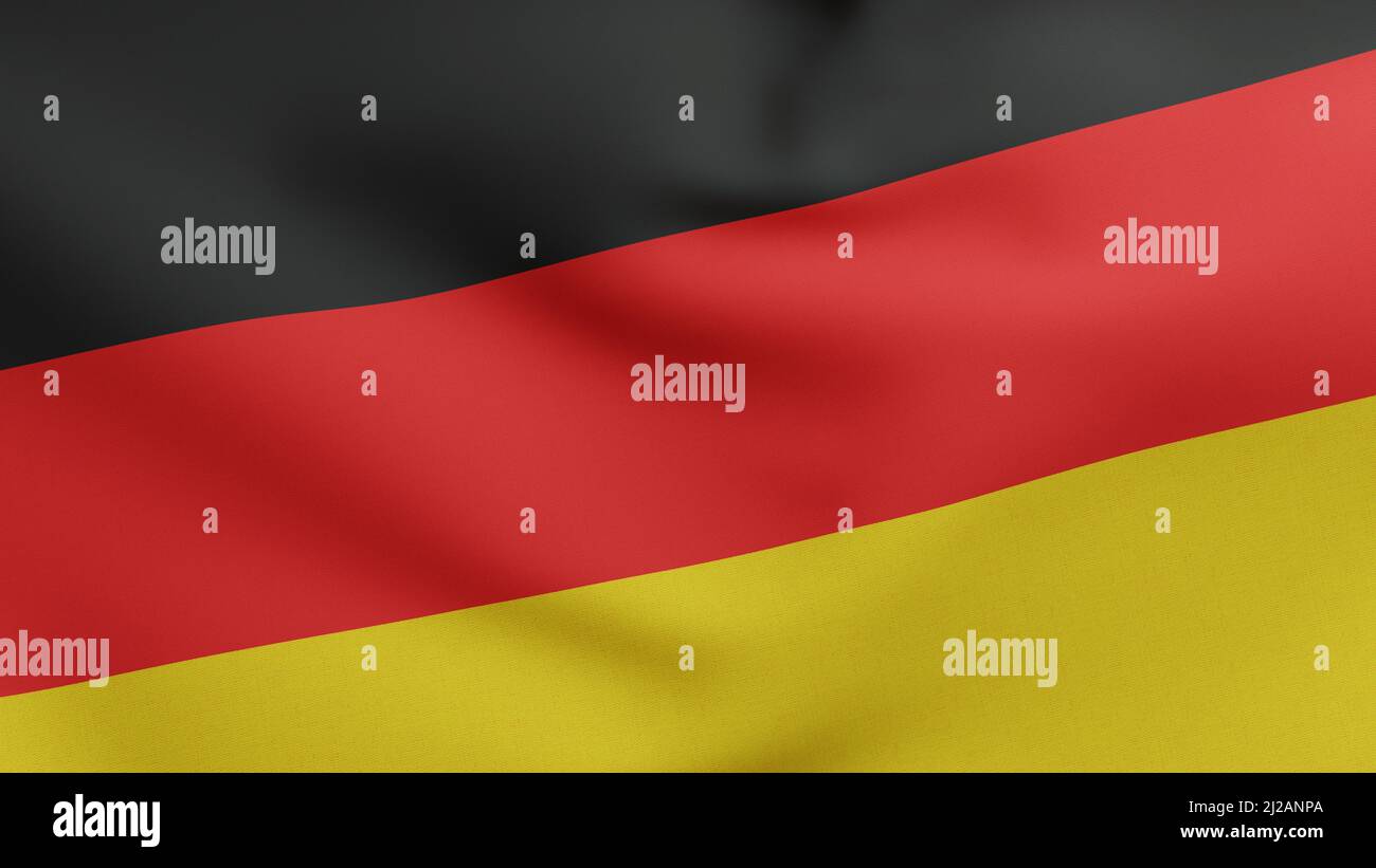 Nationalflagge Deutschlands winkt 3D Render, Flagge Deutschlands mit Nationalfarben Deutschlands, des Deutschen Bundes und der Weimarer Republik, Bund Stockfoto
