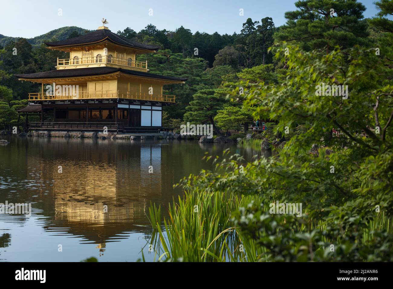 Horizontale Ansicht von Kinkaku-ji (Rokuon-ji, Tempel des Goldenen Pavillons oder Hirschgartentempel) von seinem See aus, im Nordwesten von Kyoto, Japan Stockfoto