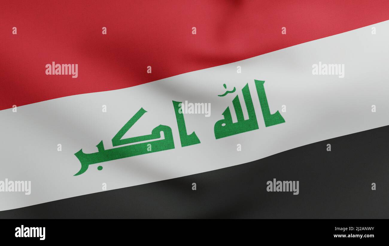 Nationalflagge des Irak winkt 3D Render, Flaggenstoff der Islamischen Republik Irak, arabische Befreiungsflagge mit Kufic-Schriftzug, Wappen der Unabhängigkeit des Irak Stockfoto