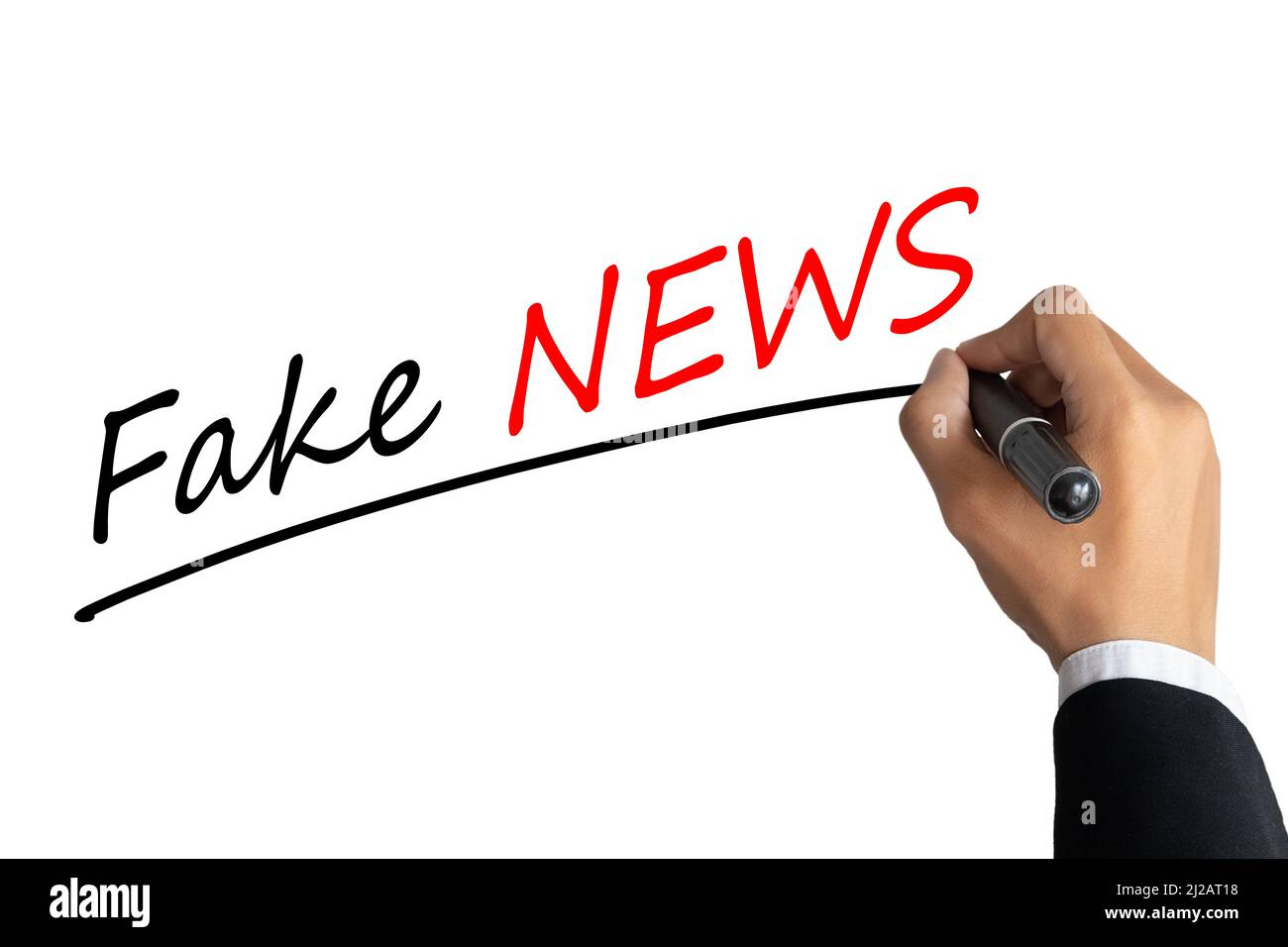 Hand schreiben Wort Fake News mit schwarzer Farbe Marker Stift isoliert auf weißem Hintergrund. Stockfoto