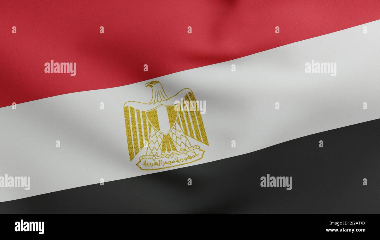 Nationalflagge Ägyptens winkt 3D Render, Arabische Republik Ägypten Flagge Textil, Wappen Ägyptens Unabhängigkeitstag, Adler von Saladin Stockfoto