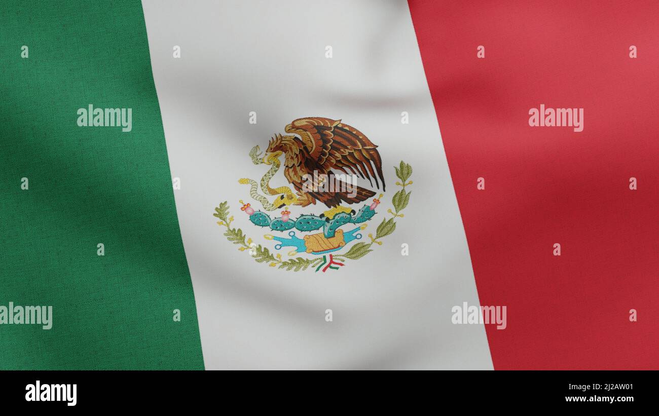 Nationalflagge von Mexiko winkt 3D Render, Flagge der Vereinigten Mexikanischen Staaten Textil entworfen von Agustin de Iturbide und Francisco Eppens Helguera, Mantel Stockfoto