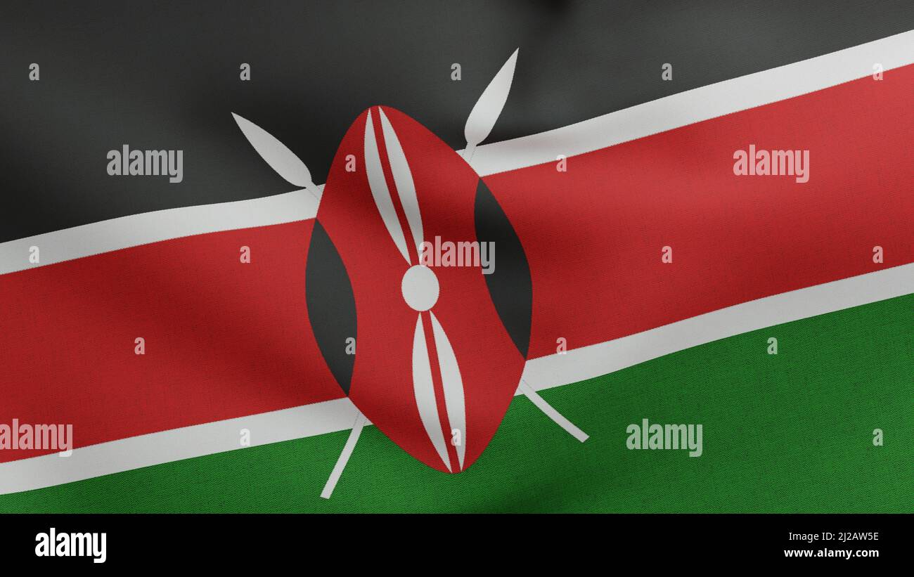 Nationalflagge Kenias winkt 3D Render, Republik Kenia Flaggenstoff mit Maasai Schild, Wappen Kenias Unabhängigkeitstag, Bendera ya Kenya Stockfoto