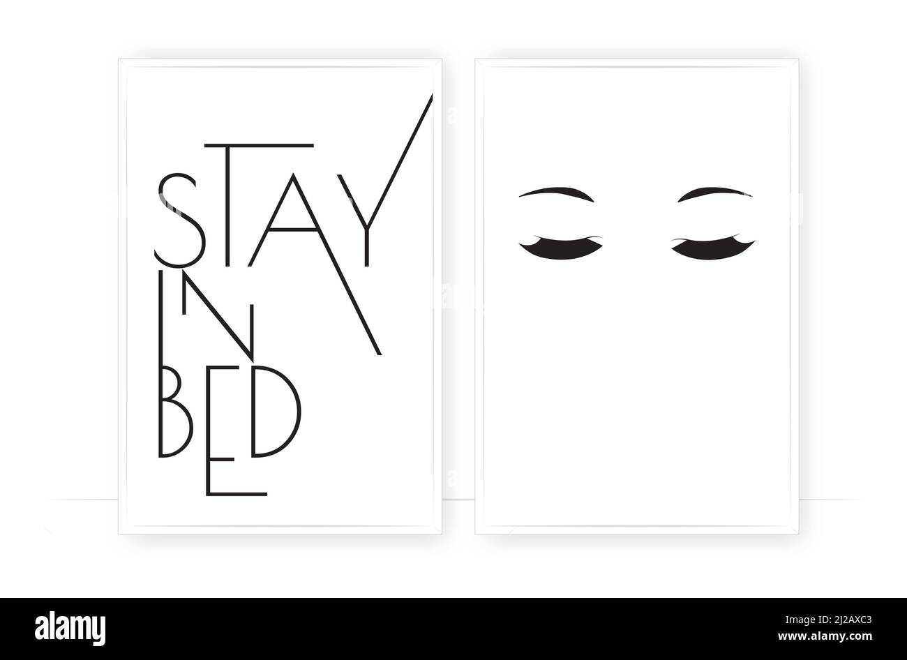 Bleib im Bett, Vektor. Skandinavisches, minimalistisches Posterdesign in zwei Teilen. Closed Woman Eyes Illustration und typografische Kunst Design. Wandkunst Stock Vektor